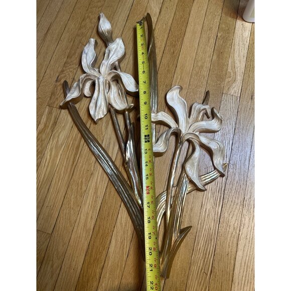 VTG MCM Floral Wall Art Sculpture 21.5" Gold Cream Metal Iris Flower Home Decor - Picture 5 of 6